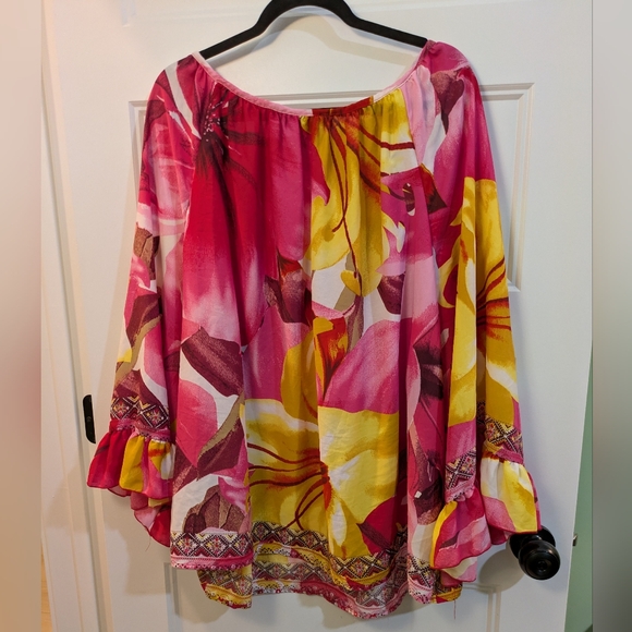 Ashley Stewart Floral V-Neck Ruffle Sleeve Blouse - Pink & Yellow - Picture 6 of 9